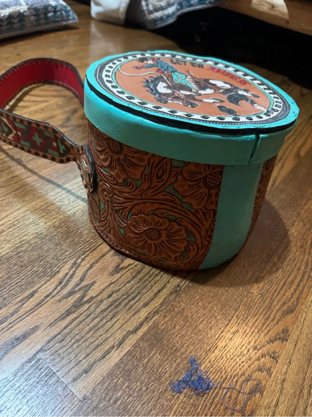 Handmade Turquoise Round Leather Crossbody Bag with Rodeo Motif